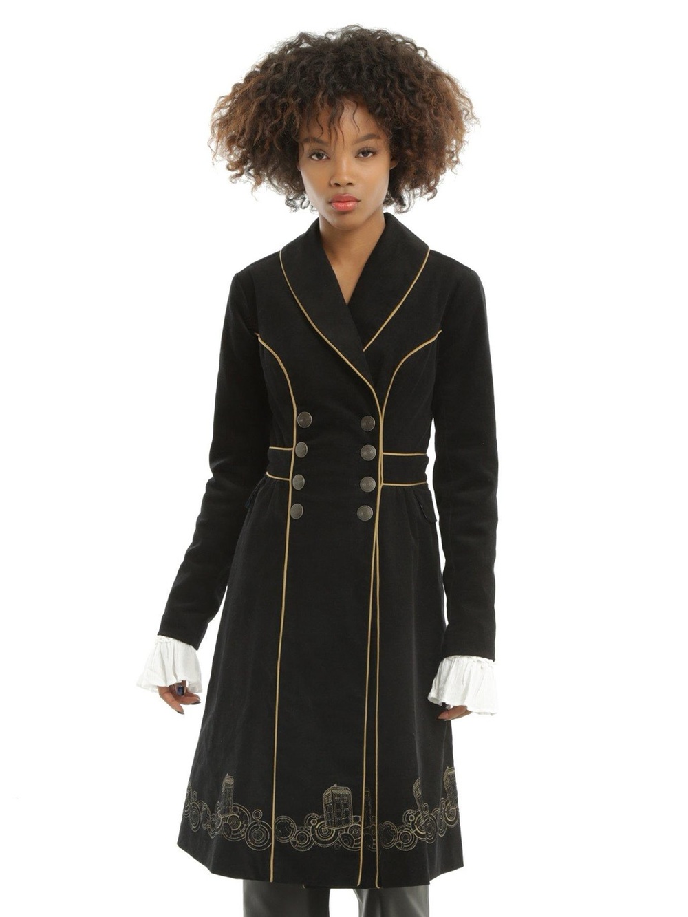 Hot Topic Doctor Who Embroidered TARDIS Corduroy Coat Black Gold Cosplay Size L